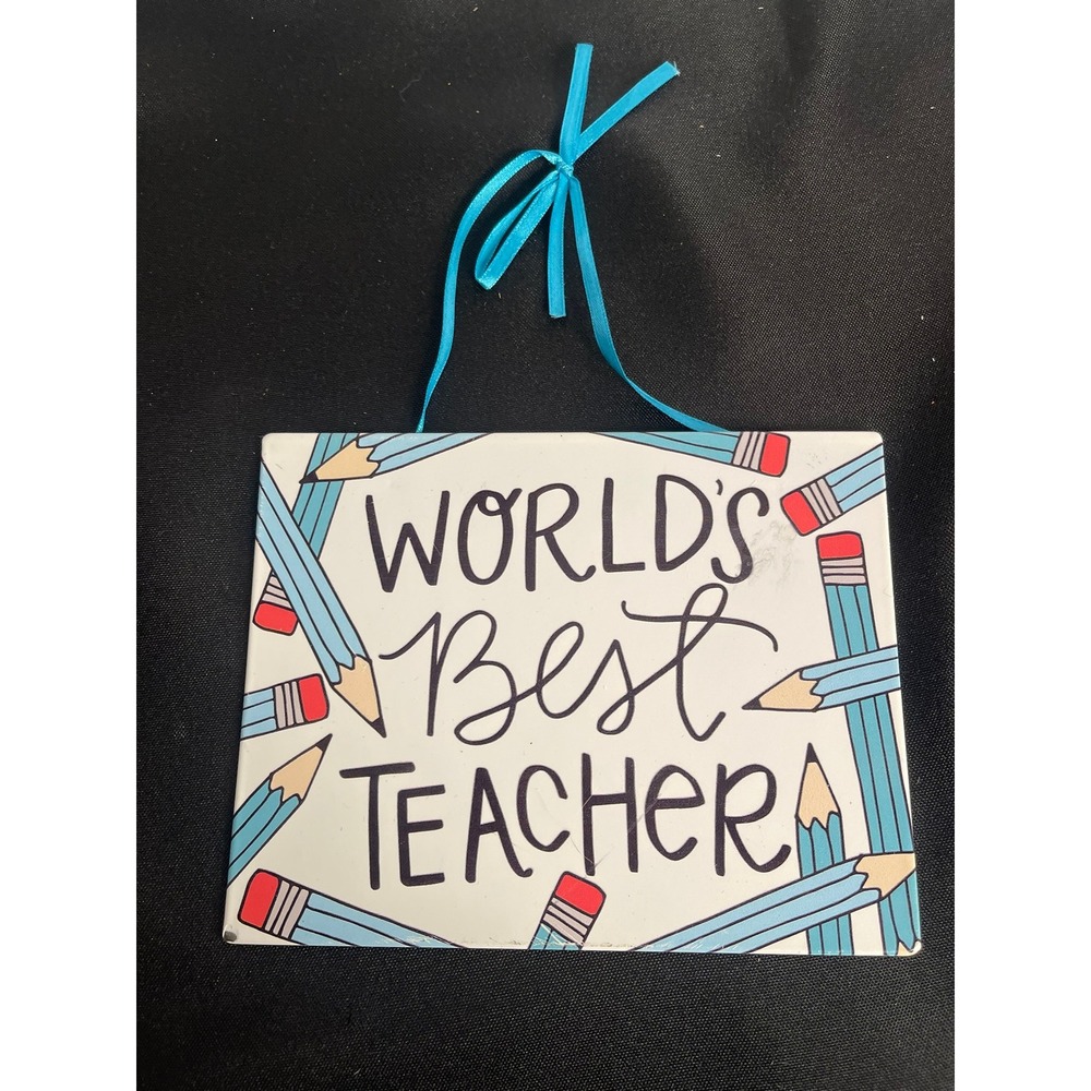 Worlds Best Teacher Wall Decor Sign Pencil Design Blue Ribbon Hanging 6.5"x5"